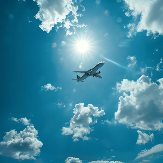 Avião voa entre nuvens céu azul dia ensolarado