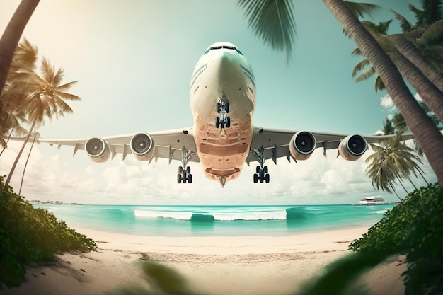 Avião voando acima da praia do mar tropical Tema da viagem na viagem de verão Fim de semana de férias e turismo Gerar Ai