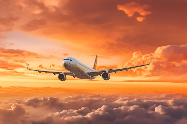 Avião voando acima das nuvens ao pôr do sol Conceito de viagem e transporte