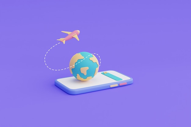 Avião voando acima do globo terrestre com smartphone. Viagem online, conceito de turismo e viagens, férias, 3d render.