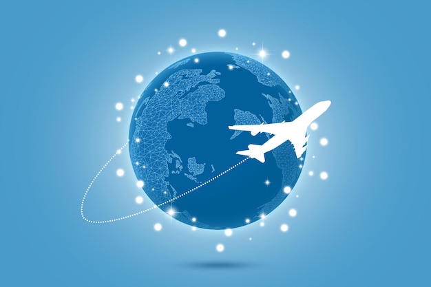 Avião voando ao redor do mundo na ilustração de fundo azul claro