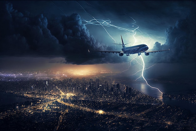 Avião voando durante relâmpagos de tempestade perto de AI generativa de avião de passageiros