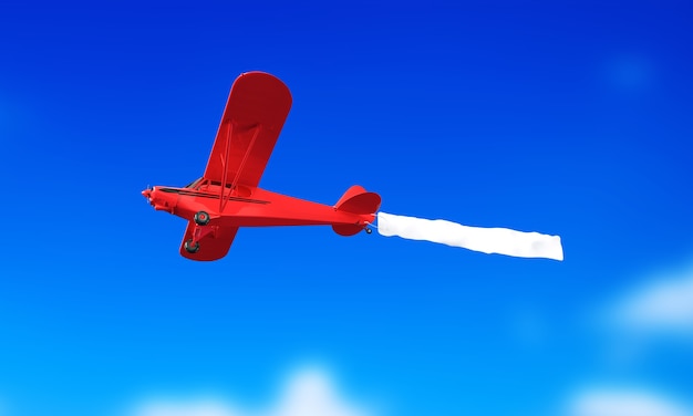 Avião voando e banner no céu azul. Ilustração 3D