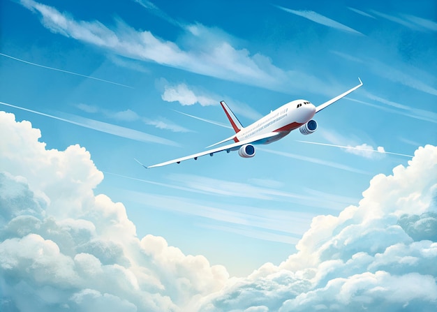 Avião voando no céu azul com nuvens brancas conceito de viagem
