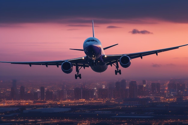 Avião voando no céu azul com paisagem urbana no fundo Avião em vôo ao crepúsculo com uma paisagem urbana borrada AI Gerado