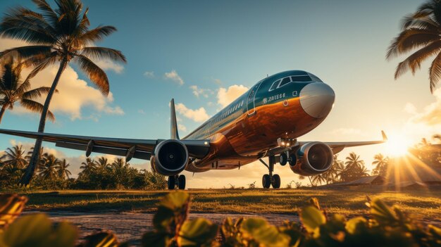 Avião voando no céu com palmeiras ao pôr do sol e água