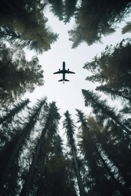 Avião voando sobre árvores em uma floresta