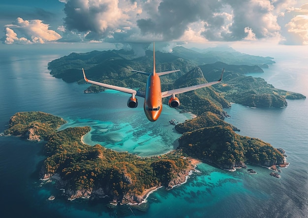 Foto avião voando sobre belas ilhas e oceano azul em um dia ensolarado de verãomacroai generative