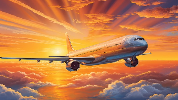 Avião voando sobre nuvens ao pôr-do-sol
