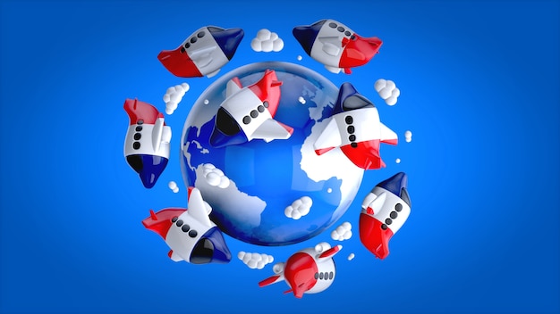 Aviões ao redor do mundo - ilustração 3D