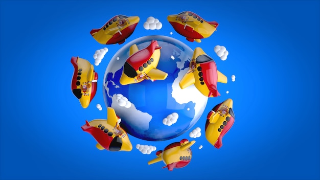 Aviões ao redor do mundo - ilustração 3D