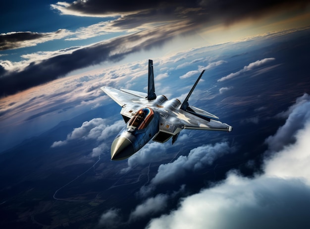 Aviões de combate modernos de 5a ou 6a geração voam em alta altitude contra um céu azul e solo Aviação de combate Força Aérea Jato militar voando armado com mísseis superfície-ar