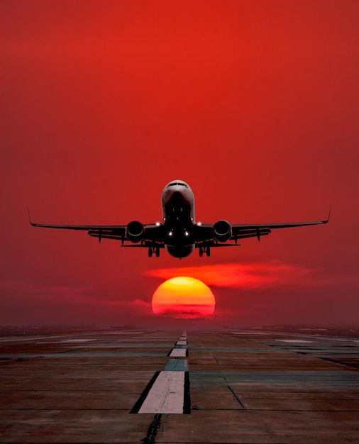 Aviões de passageiros decolam da pista do aeroporto com o pitoresco nascer do sol como pano de fundo