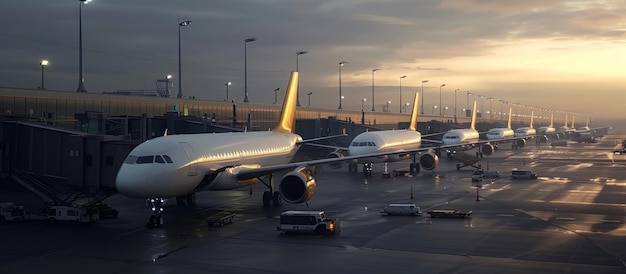 Aviões de passageiros estacionados na pista no aeroporto cena típica de uma pista de aeroporto em um dia ensolarado