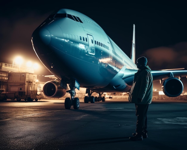 Avión en el aeropuerto de noche Gran transporte aéreo en la noche IA generativa