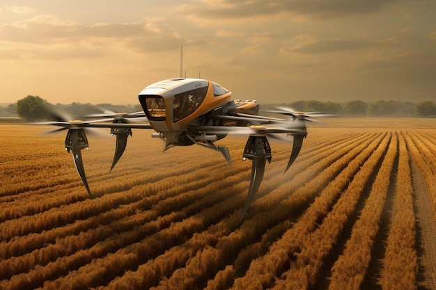 Un avión con el ala delantera abierta está volando en un campo de trigo.