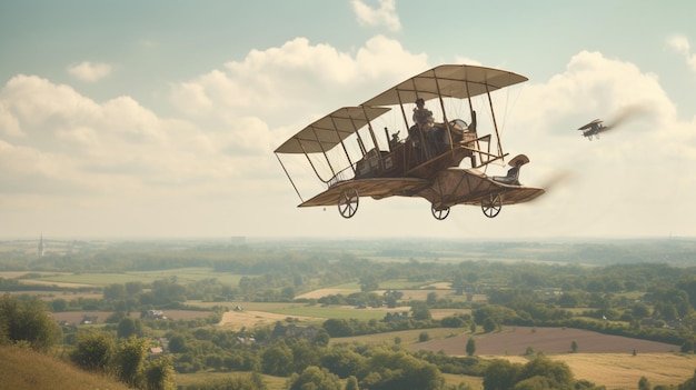 Un avión antiguo sobrevuela un paisaje con un cielo nublado y algunas nubes.