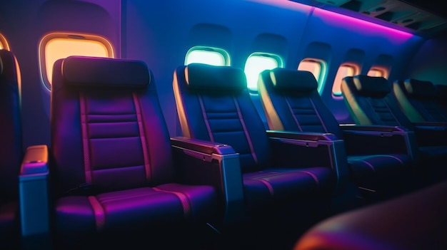Un avión con asientos vacíos en una habitación oscura con luces de colores.