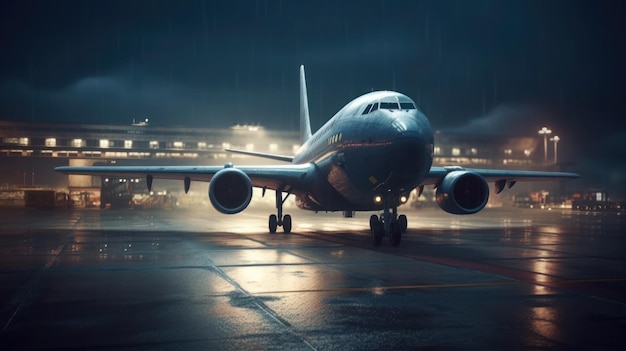 Un avión aterriza de noche bajo la lluvia.