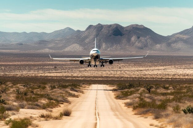 El avión aterriza sobrevolando una carretera desierta generativa ai