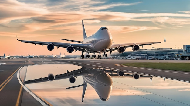 Foto avión de aterrizaje exactamente en la pista del aeropuerto