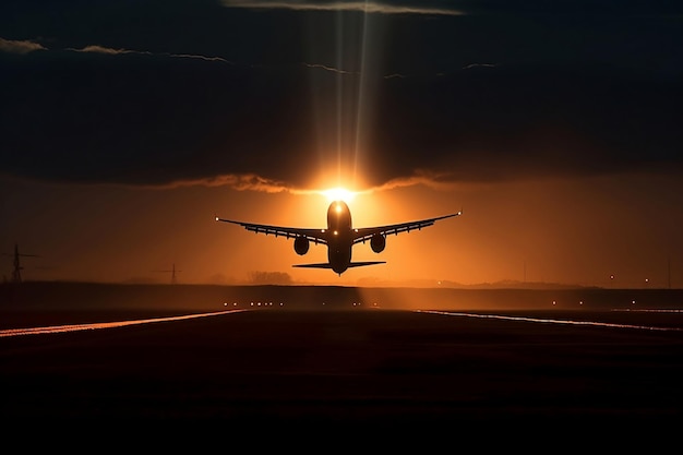 Avión aterrizando al atardecer IA generativa