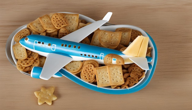 Foto un avión azul con un avión modelo y una galleta en el fondo