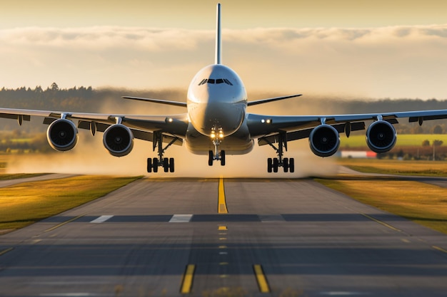 Foto un avión azul está despegando de una pista de aterrizaje del aeropuerto moderno avión de transporte pesado airbus