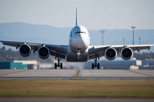Un avión azul está despegando de una pista de aterrizaje del aeropuerto moderno avión de transporte pesado airbus