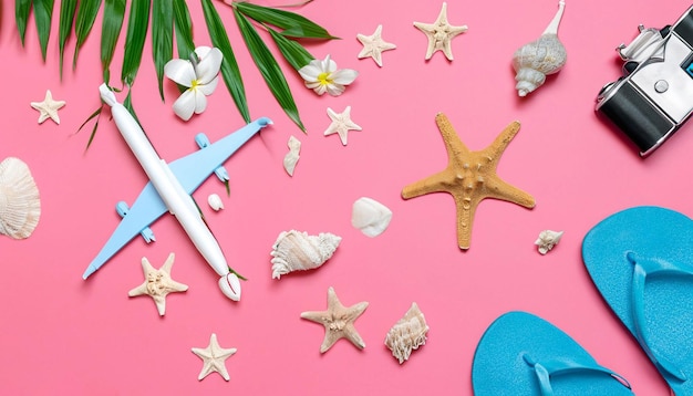 Un avión azul vuela sobre una escena de playa con una estrella de mar, una estrella de mar y una estrella de mar.