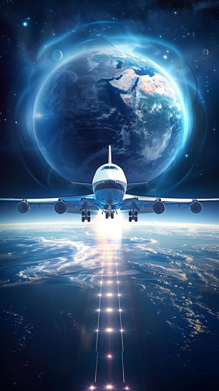 Un avión blanco está volando por el cielo por encima de un planeta