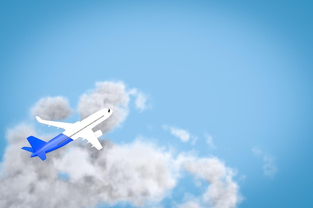 Avión blanco con las nubes sobre fondo azul vista superior 3D Render