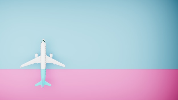 Foto avión blanco sobre fondo azul y rosa, vista superior. render 3d