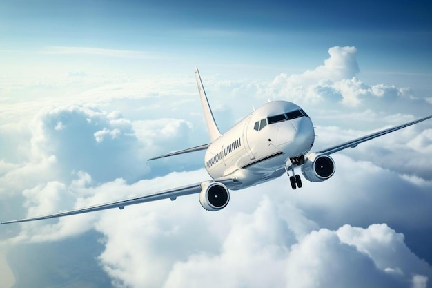 avión blanco volando en el cielo por encima de las nubes