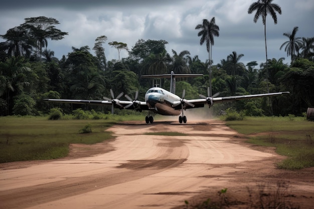Avión de carga aterrizando en pista de aterrizaje en el corazón de la amazonía creado con ai generativo