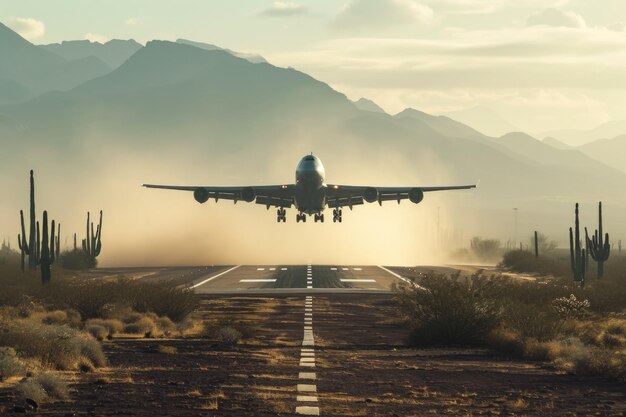 Foto avión de carga despegando de una pista en el desierto el avión está pateando el polvo y hay cactus y montañas en el fondo