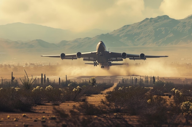 Foto avión de carga despegando de una pista en el desierto el avión está pateando el polvo y hay cactus y montañas en el fondo