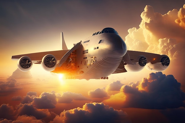 Avión de carga futurista del futuro volando entre nubes contra el telón de fondo del sol naciente creado con gen