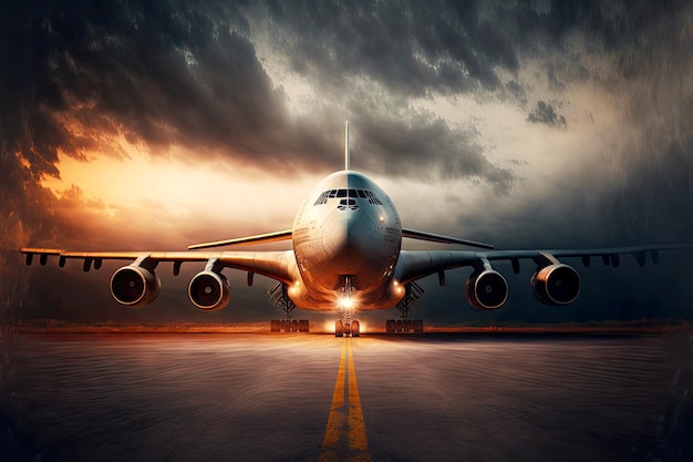 Avión de carga en pista vacía en el aeropuerto por la noche