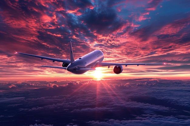 Foto avión en el cielo al atardecer