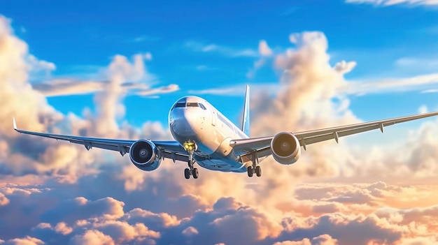 Avión en el cielo azul con nubes