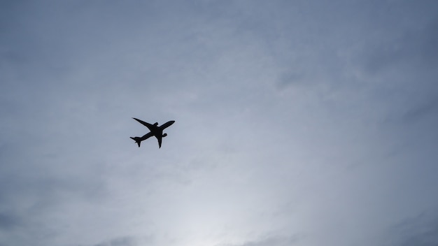 Avión en el cielo y la nube al amanecer. Presentando el concepto de viaje aéreo moderno.