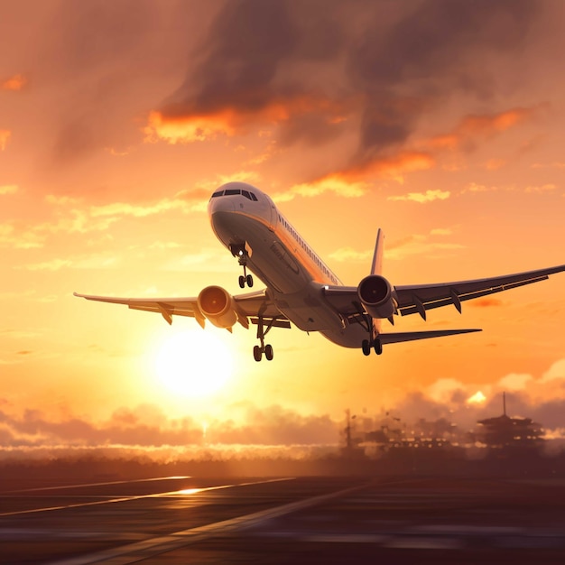 Avión en el cielo sobre el aeropuerto al atardecer Concepto de viaje