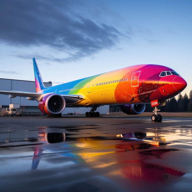 un avión de colores está estacionado en la pista del aeropuerto.