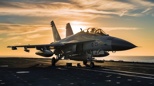 Un avión de combate en la cubierta de un portaaviones contra un hermoso cielo al atardecer