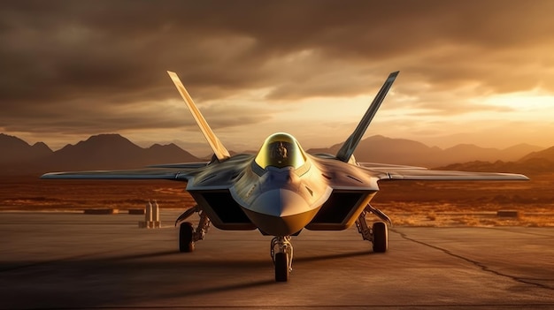 Un avión de combate está estacionado en una pista al atardecer.