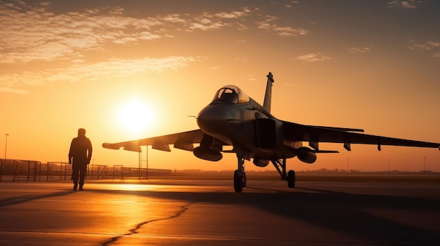 Un avión de combate está en la pista al atardecer.