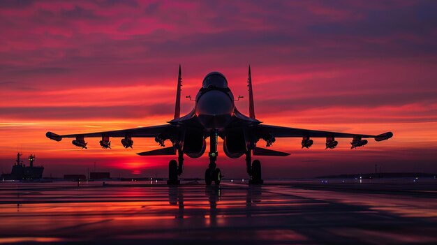 Un avión de combate se sienta en la pista durante la puesta de sol