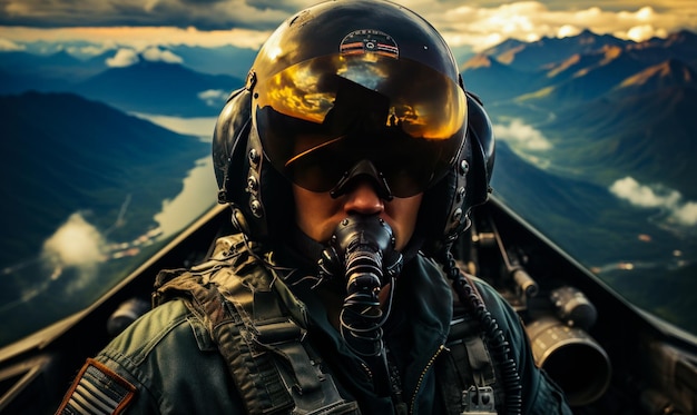 Un avión de combate toma una foto a un hombre con un casco de piloto y gafas de protección