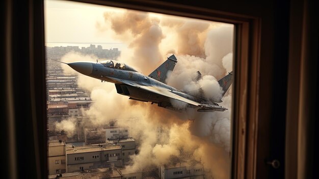 Foto un avión de combate está volando sobre un edificio con las letras b